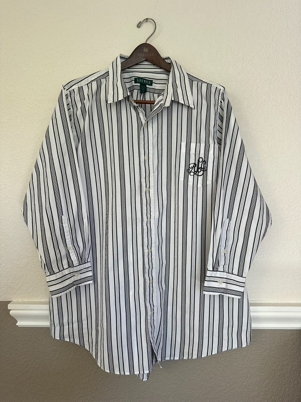 Lauren Ralph Lauren Women's XL Black White Striped Button Down Shirt Monogram